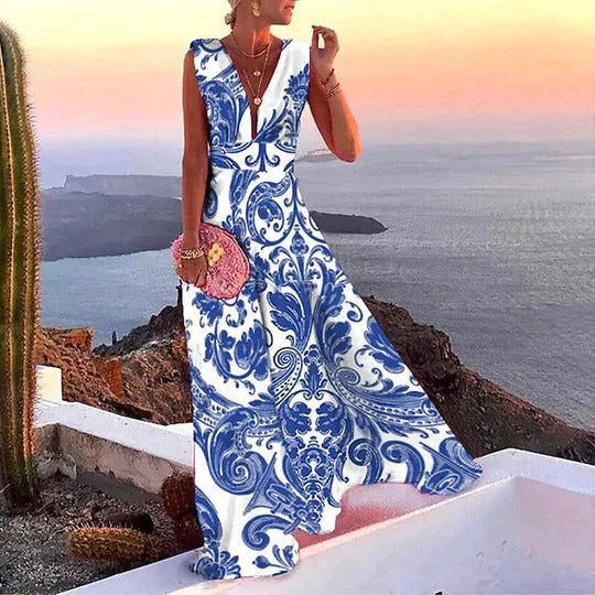 Women's Floral Maxi Dress Sleeveless Deep V-Neck