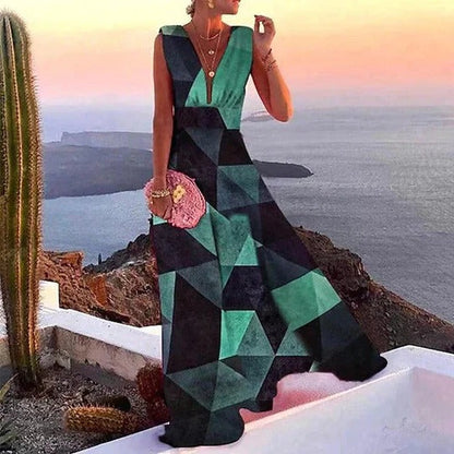 Women's Floral Maxi Dress Sleeveless Deep V-Neck
