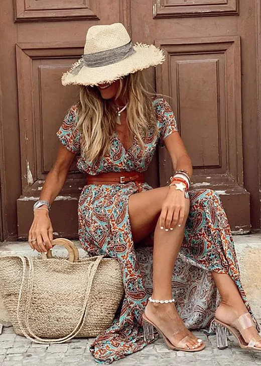 Women's Boho Maxi Dress With Belt