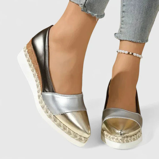 Women's Metallic Espadrille Wedge Loafers Slip On Shoes - Fashinoza