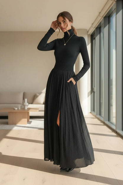 Women's Pleated High-Neck Maxi Evening Dress
