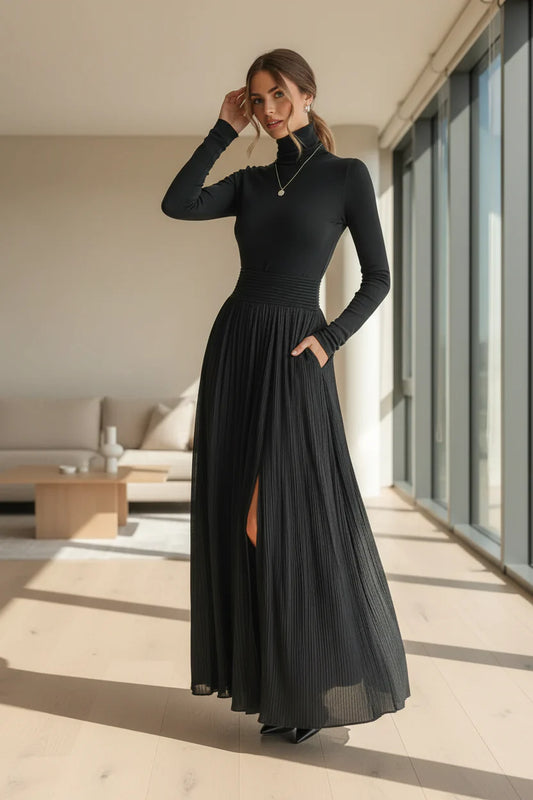 Women's Pleated High-Neck Maxi Evening Dress