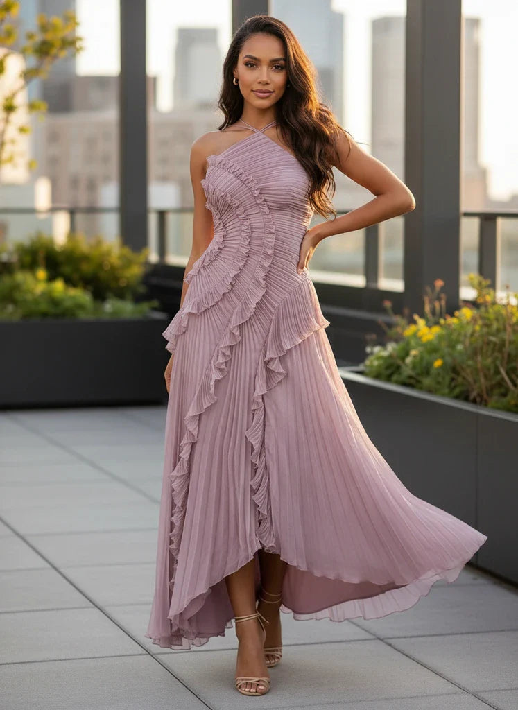Asymmetric Pleated Ruffle Midi Dress