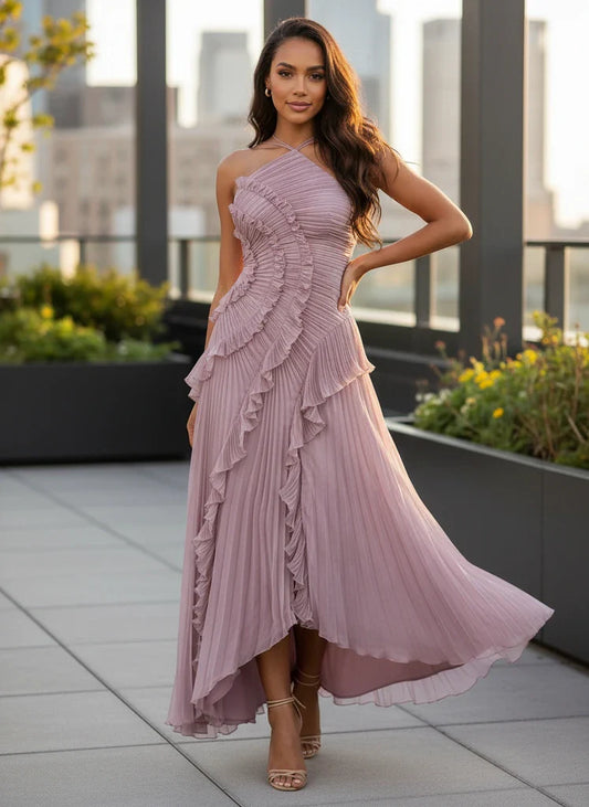 Asymmetric Pleated Ruffle Midi Dress