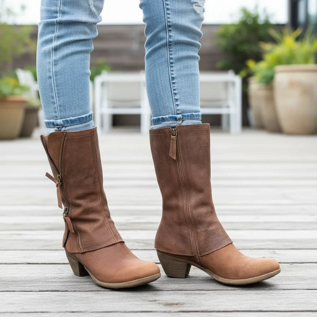 Distressed Zip Mid-Calf Boots
