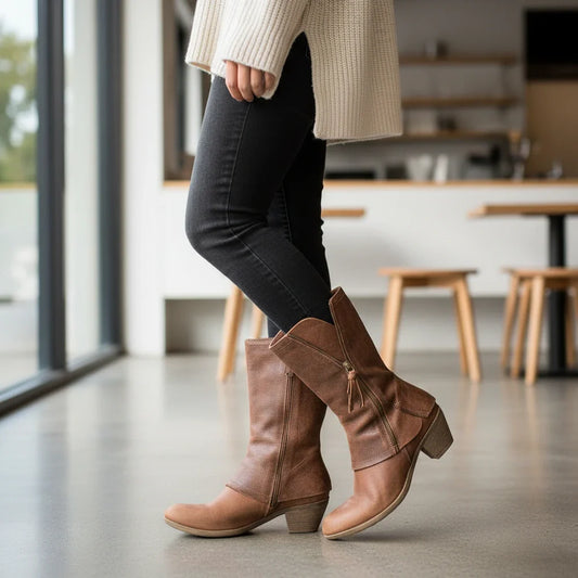 Distressed Zip Mid-Calf Boots
