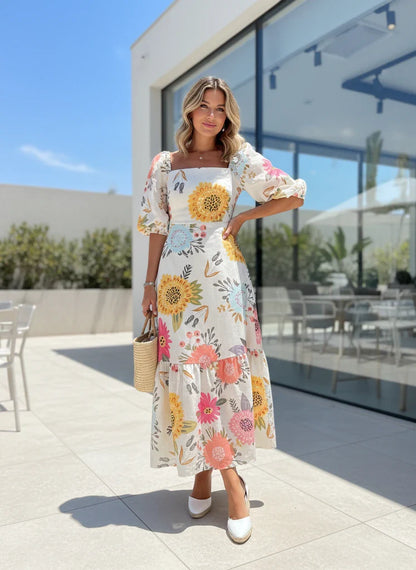 Floral Square-Neck Puff Sleeve Midi Dress