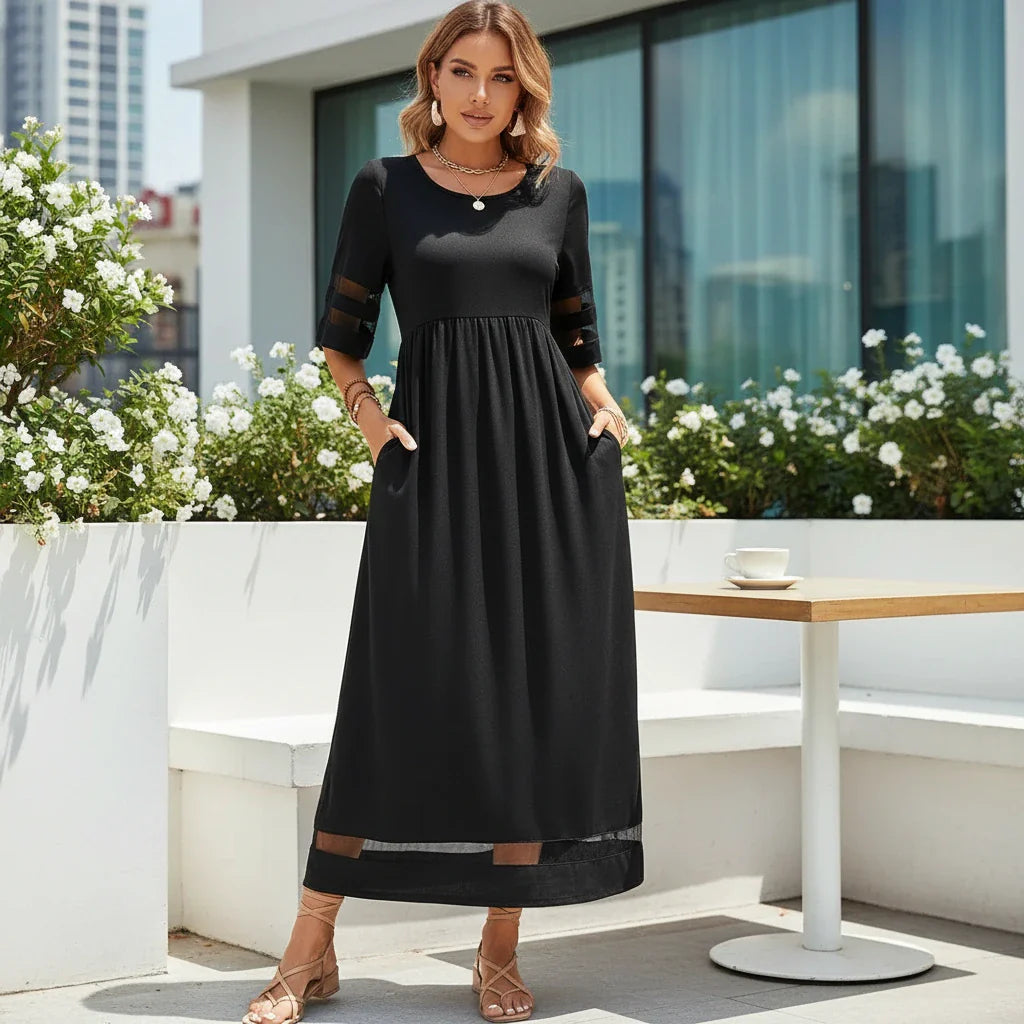Sheer Sleeve Black Maxi Dress