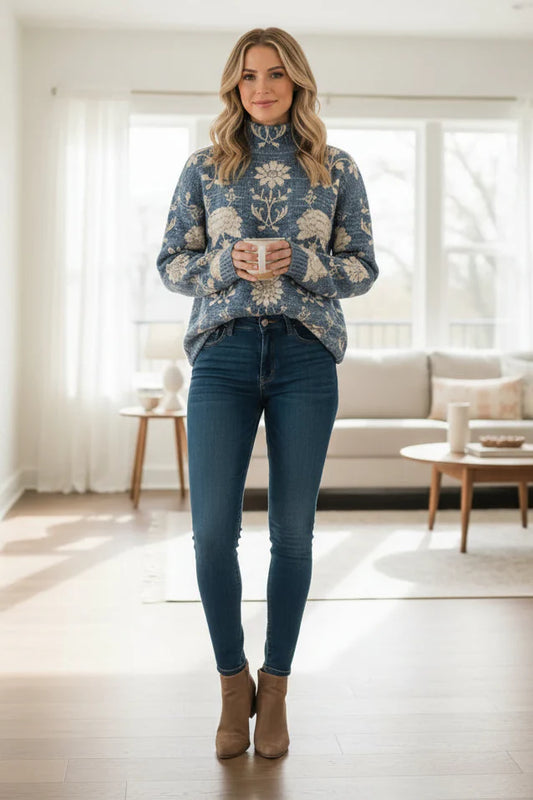 Women’s Woodland Print High Neck Knit Sweater