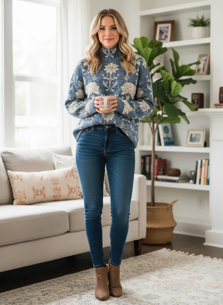 Women’s Woodland Print Knit Sweater – Cozy High Neck Pullover