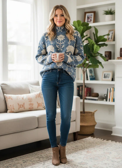 Women’s Woodland Print Knit Sweater – Cozy High Neck Pullover