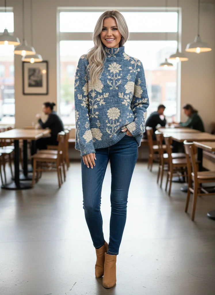 Women’s Woodland Print Knit Sweater – Cozy High Neck Pullover
