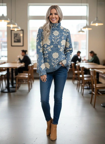 Women’s Woodland Print Knit Sweater – Cozy High Neck Pullover
