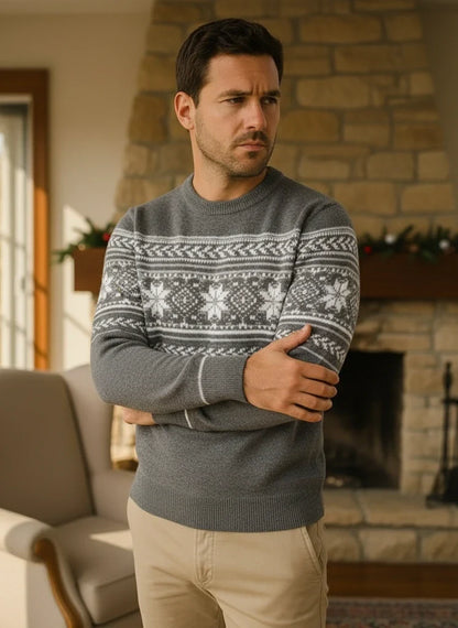 Man wearing a patterned wool knit sweater with a christmas pattern