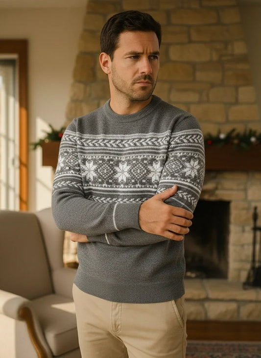 Man wearing a patterned wool knit sweater with a christmas pattern