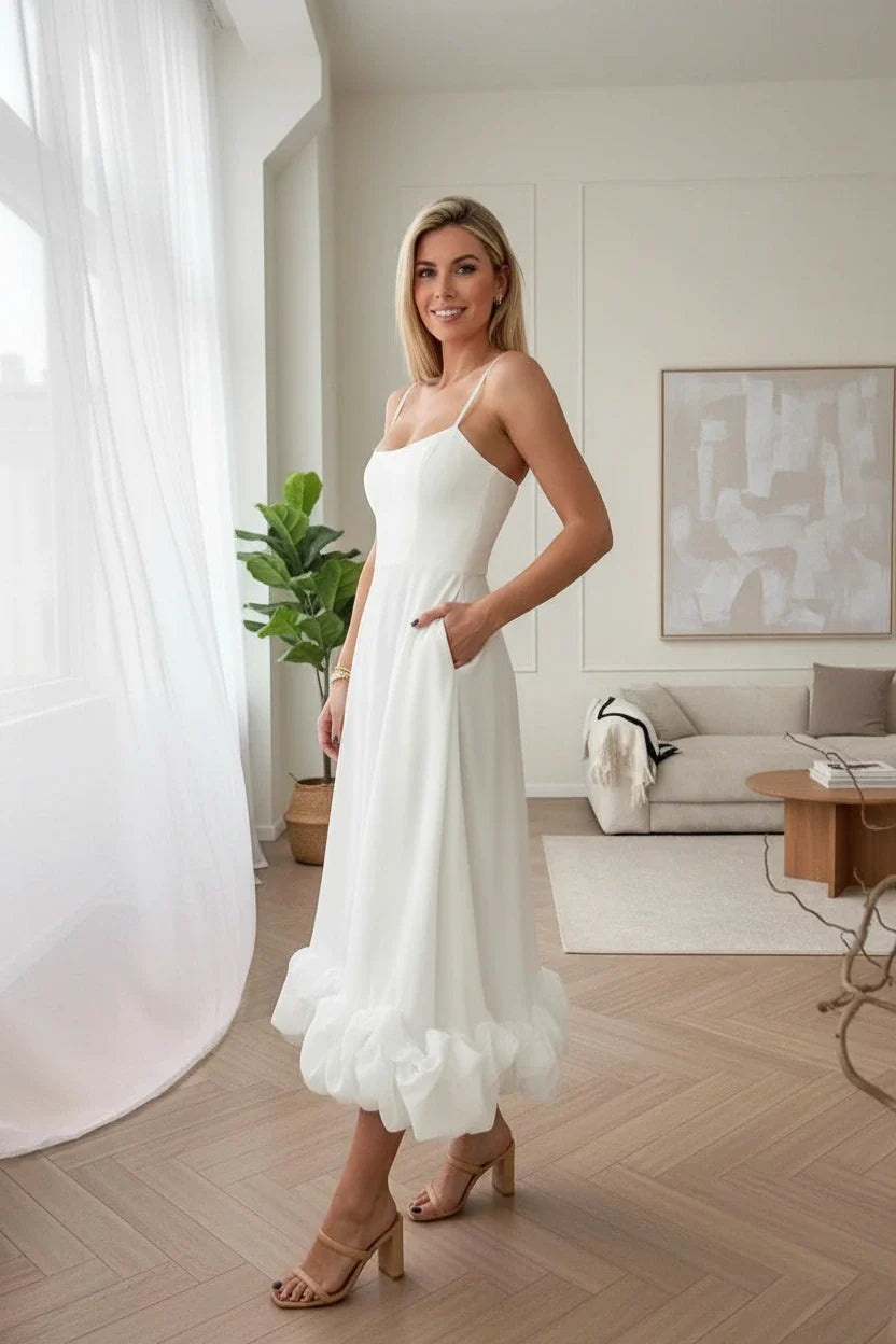 Ruffled Hem Spaghetti Strap Midi Dress