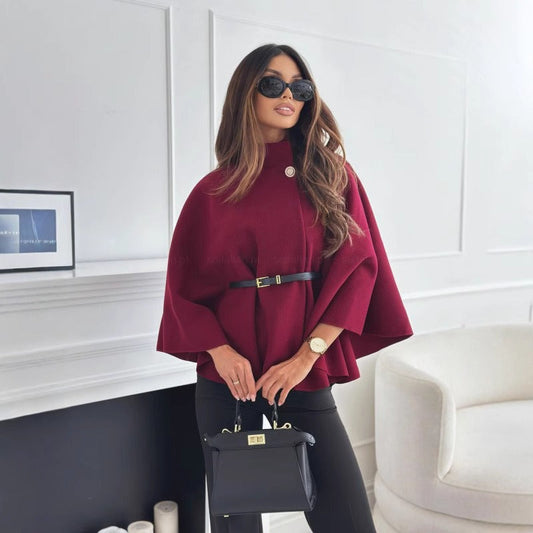 Women's High Neck Cape Coat Belted Waist - Fashinoza