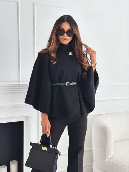 Women's High Neck Cape Coat Belted Waist