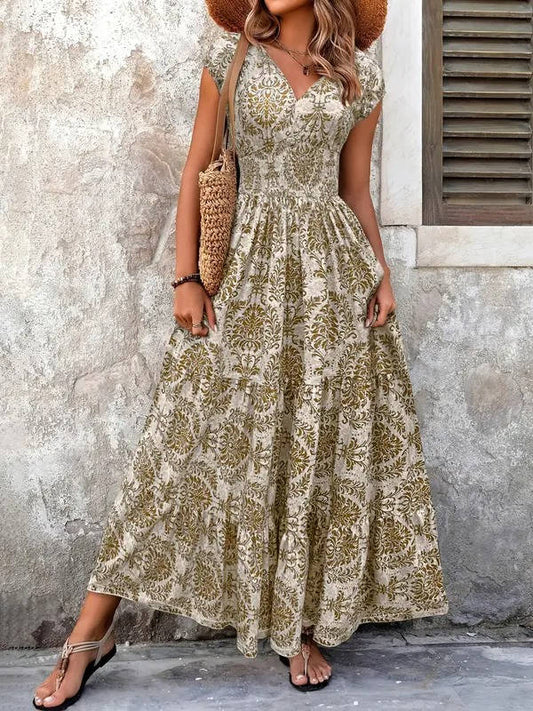 Women's Boho Maxi Dress Smocked Print Tiered - Fashinoza