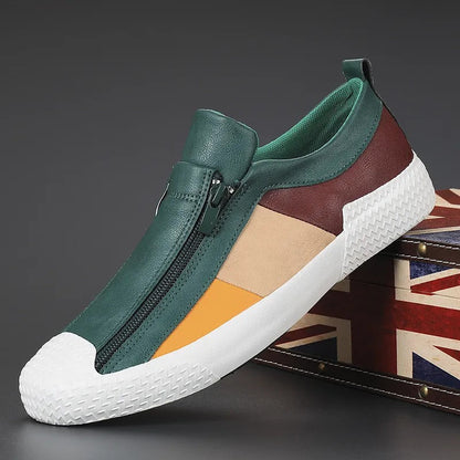 Men's Leather Sneakers Zip Closure Brown