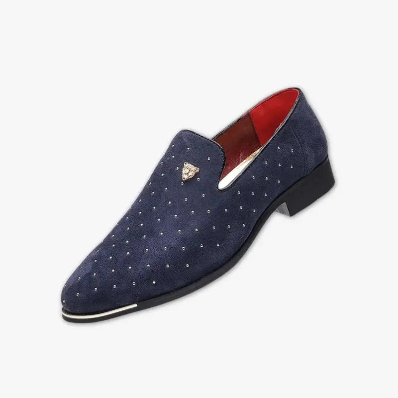 Men's Navy Suede Loafers Studded Detail - Fashinoza