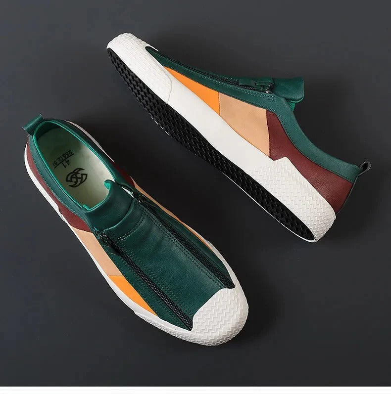 Men's Leather Sneakers Zip Closure Brown