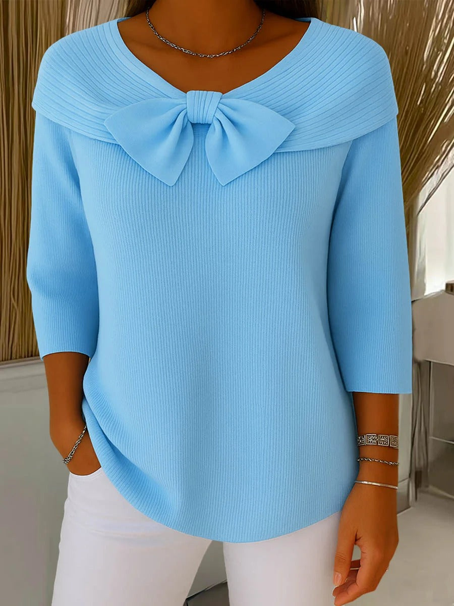 Women's Round Neck Sweater with Bow Detail - Fashinoza