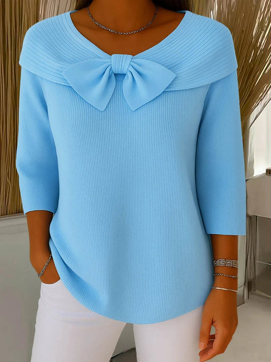 Women's Round Neck Sweater with Bow Detail - Fashinoza