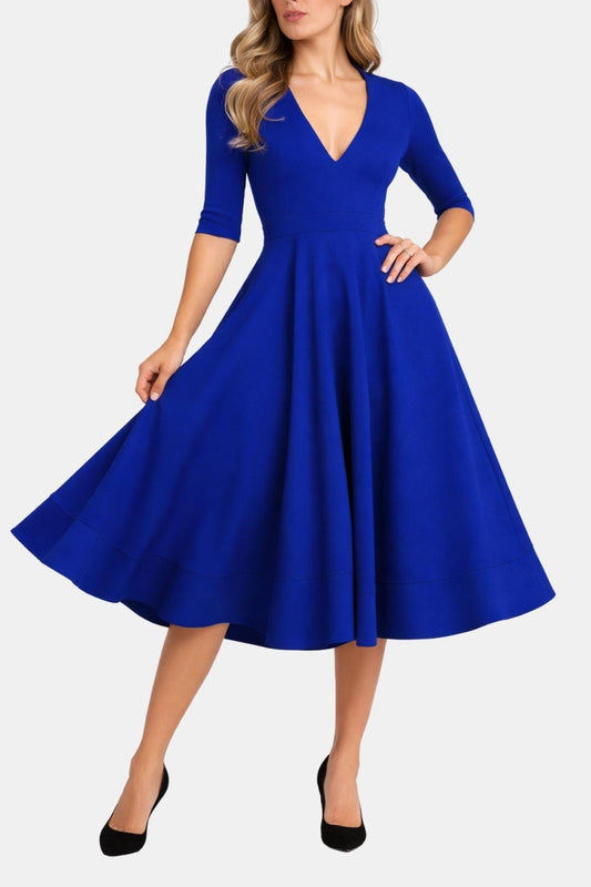 Irene Women's V-Neck Midi A-Line Dress - Fashinoza