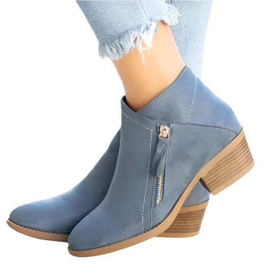 Women's Block Heel Ankle Boots with Zip Closure - Fashinoza