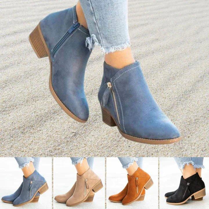 Women's Block Heel Ankle Boots with Zip Closure