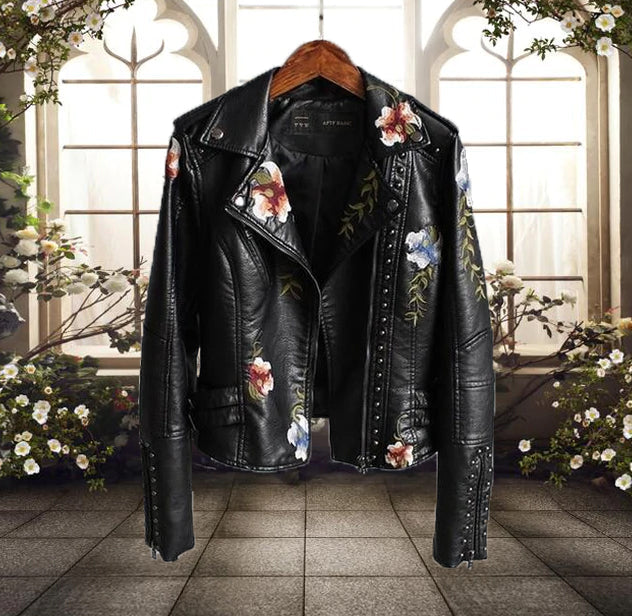 Women's Floral Print Motorcycle Jacket - Fashinoza