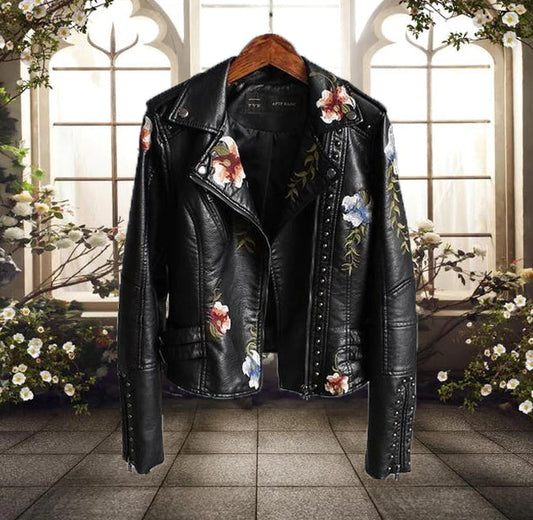 Women's Floral Print Motorcycle Jacket - Fashinoza