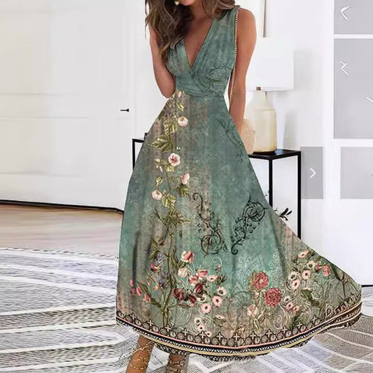 Women's Floral A-Line Maxi Dress Sleeveless - Fashinoza
