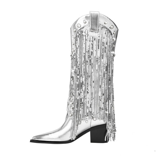 Women's Knee High Fringe Cowboy Boots - Fashinoza