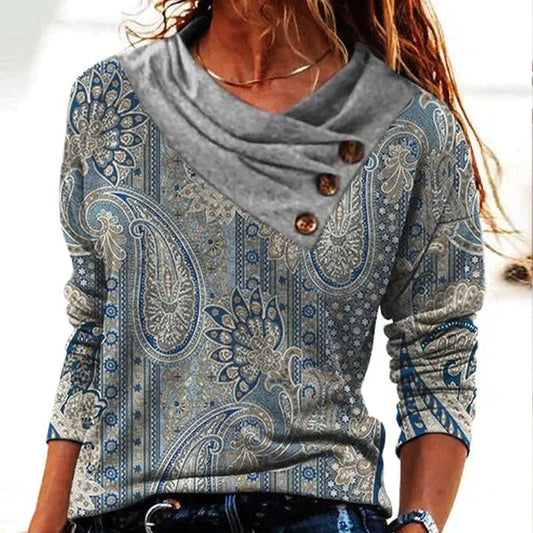 Women's Long Sleeve Cowl Neck Printed Blouse - Fashinoza