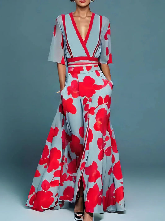 Women's Long Flowing Dress with Bold Floral Design