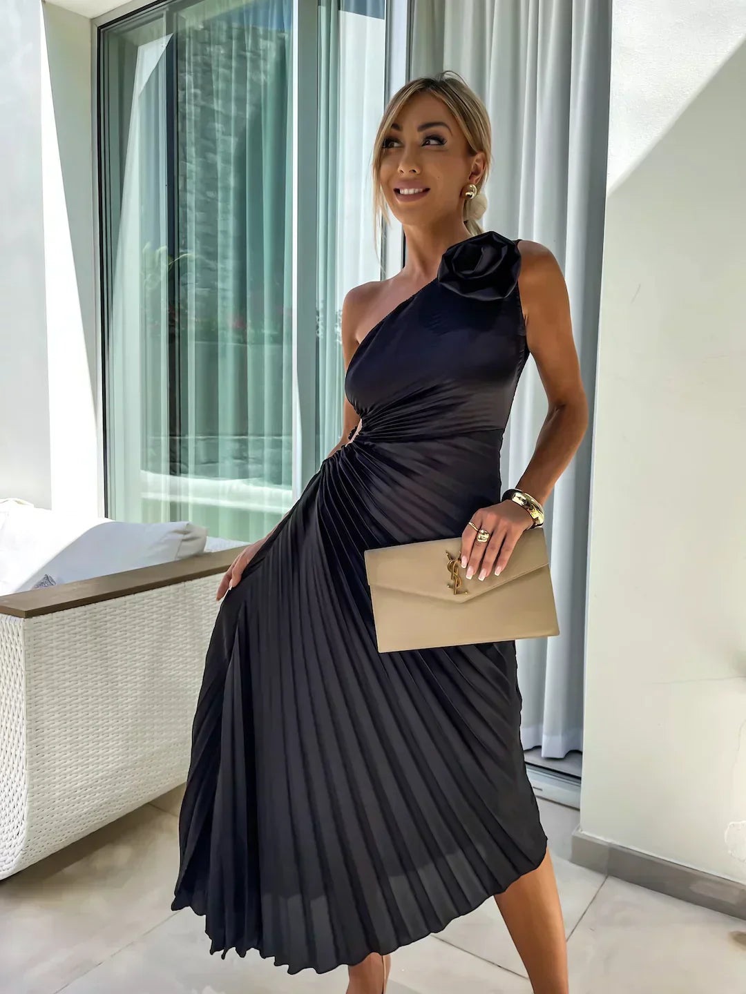 Image of Jamie | Women's One Shoulder Pleated Midi Dress