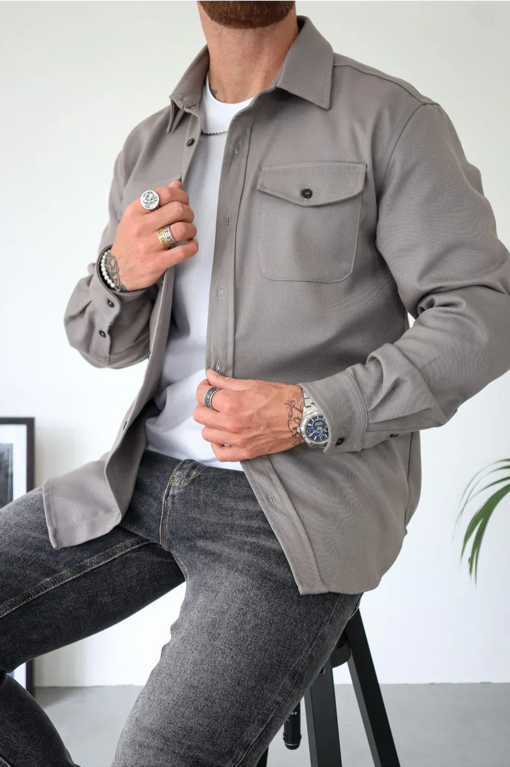 Men's Long Sleeve Button Down Shirt Jacket - Fashinoza