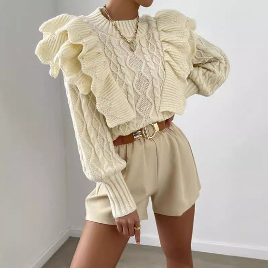 Women's Cable Knit Ruffle Sweater Long Sleeve - Fashinoza