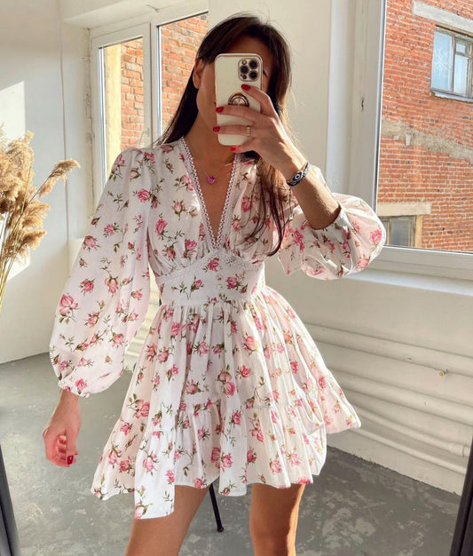 Women's Long Sleeve Floral Mini Dress - Fashinoza