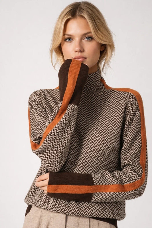 Women's Chevron Sweater Turtleneck Patterned Acrylic - Fashinoza