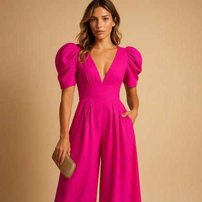 Image of Jennifer | Women's V-Neck Puff Sleeve Wide Leg Jumpsuit