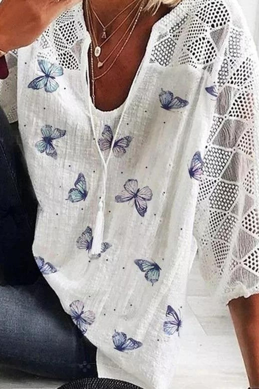 Women's Lace Blouse Butterfly Sleeves - Fashinoza