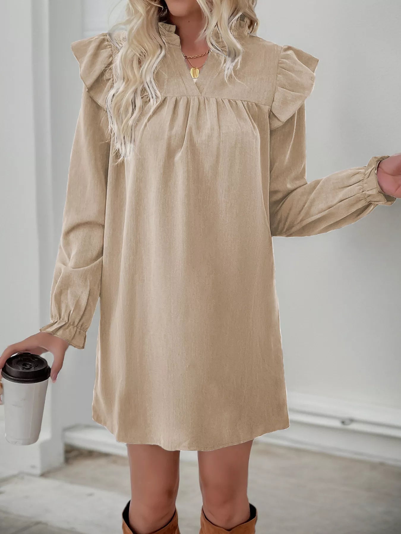 Women's Long Sleeve Ruffle Mini Dress - Fashinoza