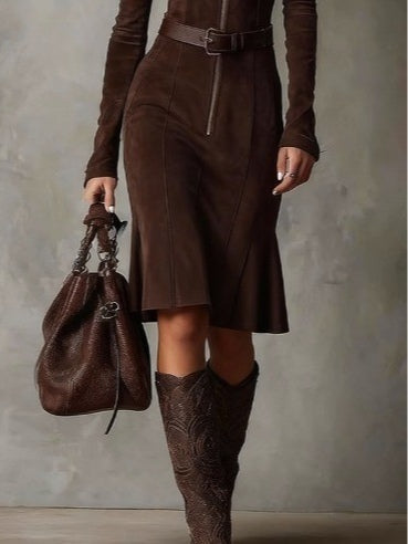Zip-Front Belted Midi Dress