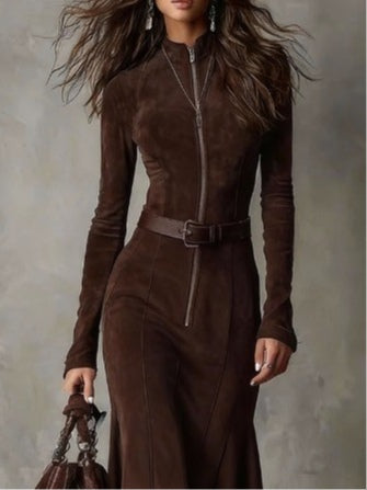 Zip-Front Belted Midi Dress