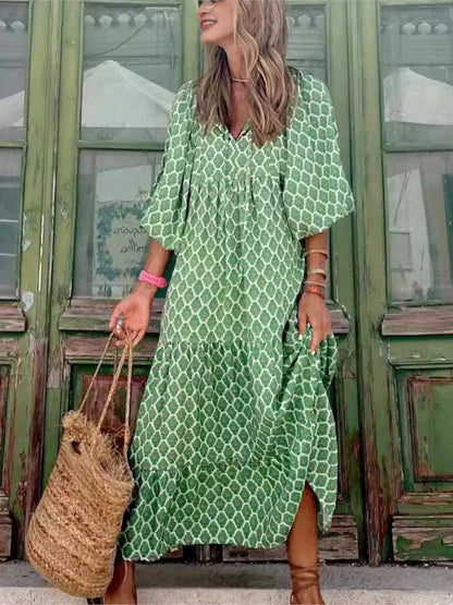Women's V-Neck Tiered Maxi Dress - Fashinoza