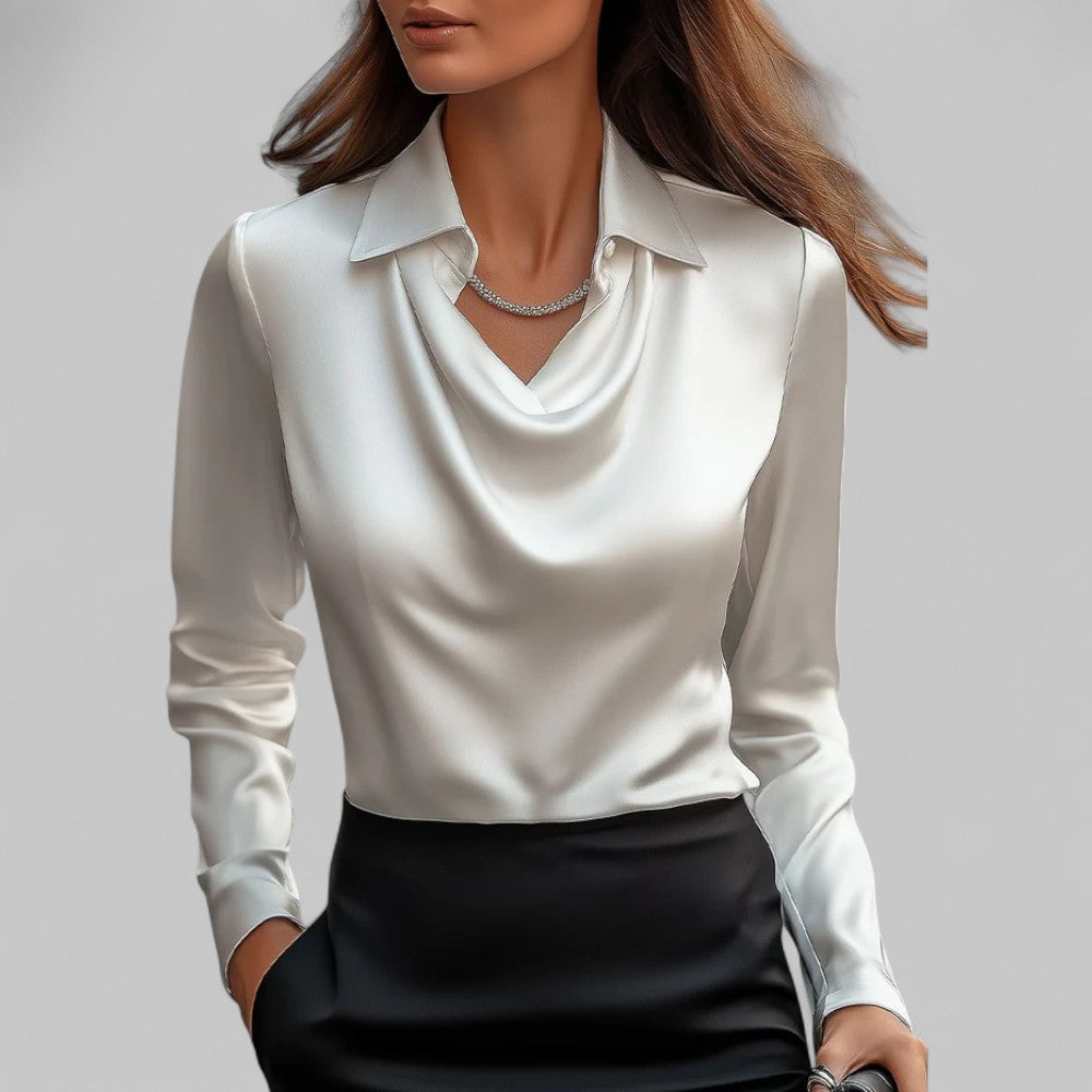 Women's Long Sleeve Blouse Glossy Cowl Neck - 
Fashinoza