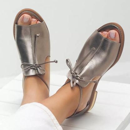 Women's Flat Sandals Metallic Bow Tie Strap Open Toe - Fashinoza